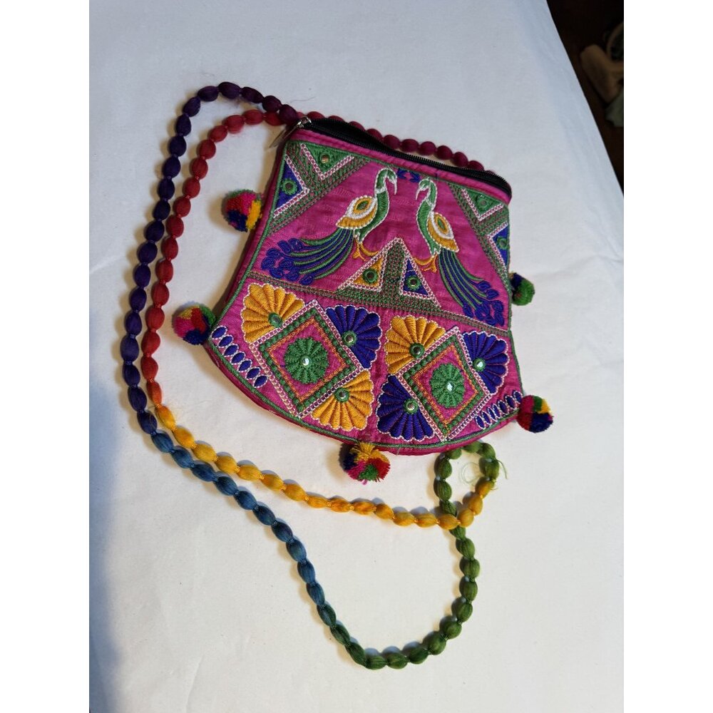 Handmade Embroidered Boho Crossbody Bag With Peacock Design & Multicolor Strap